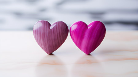 Close up of two hot pink hearts on a white marble background. Romantic backdrop with copy spaceの素材