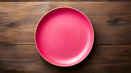 Top view of an empty plate in hot pink colors on a wooden table. Elegant template with copy spaceの素材