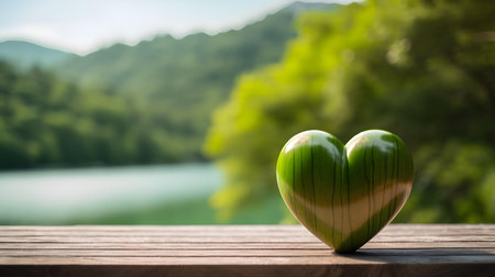 Close up of a green wooden heart in front of a beautiful lake. Blurred natural backgroundの素材