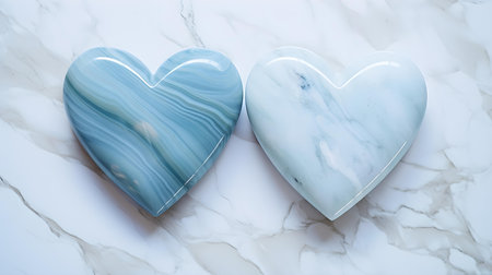 Close up of two light blue hearts on a white marble background. Romantic backdrop with copy spaceの素材