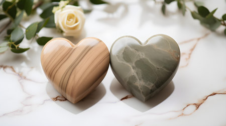 Close up of two khaki hearts on a white marble background. Romantic backdrop with copy spaceの素材
