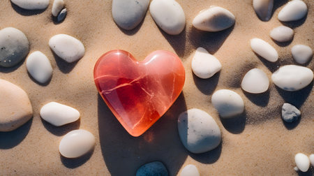 Top view of a light red stone heart in the sand. Romantic Beach Backdropの素材