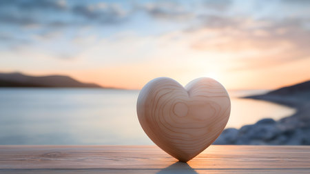 Close up of an ivory wooden heart in front of a beautiful seascape. Blurred natural backgroundの素材