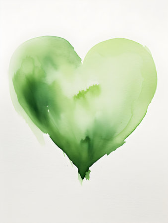 Drawing of a Heart in light green watercolors on a white background. Romantic template with copy spaceの素材