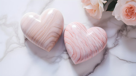 Close up of two light pink hearts on a white marble background. Romantic backdrop with copy spaceの素材