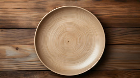 Top view of an empty plate in light brown colors on a wooden table. Elegant template with copy spaceの素材
