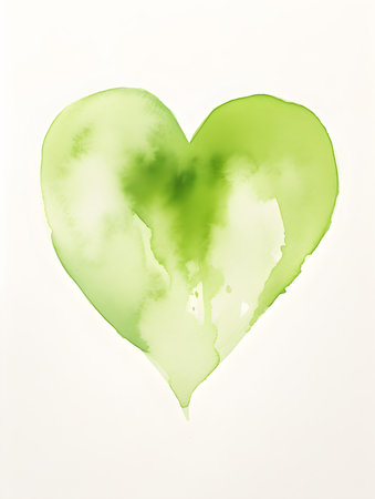 Drawing of a Heart in light green watercolors on a white background. Romantic template with copy spaceの素材