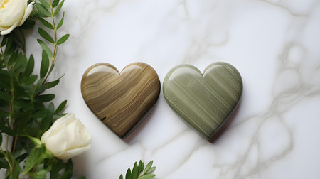 Close up of two khaki hearts on a white marble background. Romantic backdrop with copy spaceの素材