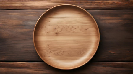 Top view of an empty plate in light brown colors on a wooden table. Elegant template with copy spaceの素材