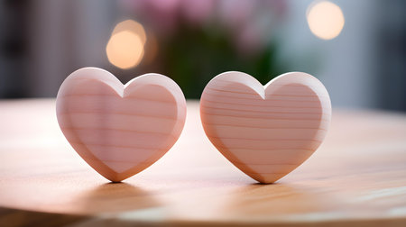 Close up of two light pink hearts on a wooden table. Blurred Backgroundの素材
