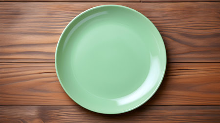 Top view of an empty plate in light green colors on a wooden table. Elegant template with copy spaceの素材