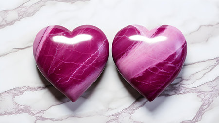 Close up of two magenta hearts on a white marble background. Romantic backdrop with copy spaceの素材