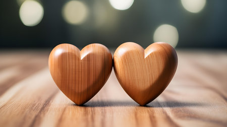Close up of two light brown hearts on a wooden table. Blurred Backgroundの素材