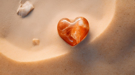 Top view of a light orange stone heart in the sand. Romantic Beach Backdropの素材