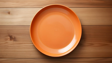 Top view of an empty plate in light orange colors on a wooden table. Elegant template with copy spaceの素材