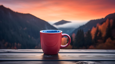 Close up of a multicolor mug on a wooden table in the mountains. Blurred natural backgroundの素材