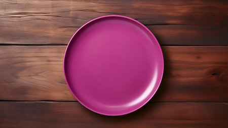 Top view of an empty plate in magenta colors on a wooden table. Elegant template with copy spaceの素材