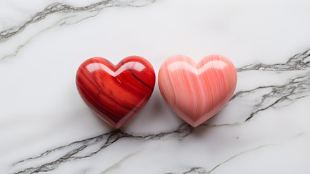 Close up of two light red hearts on a white marble background. Romantic backdrop with copy spaceの素材