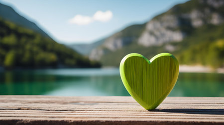 Close up of a light green wooden heart in front of a beautiful lake. Blurred natural backgroundの素材