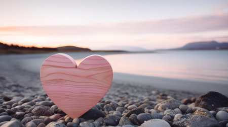 Close up of a light pink wooden heart in front of a beautiful seascape. Blurred natural backgroundの素材