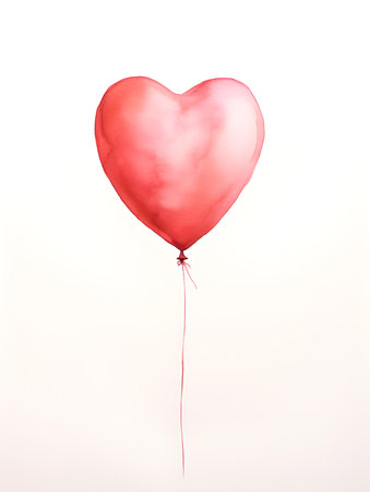 Drawing of a Heart shaped Balloon in light red watercolors on a white background. Romantic template with copy spaceの素材