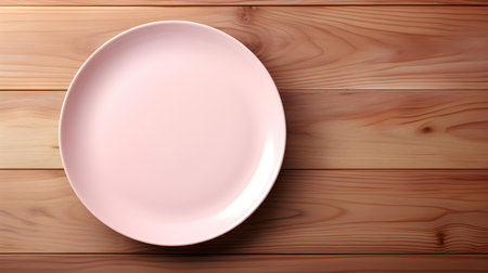 Top view of an empty plate in light pink colors on a wooden table. Elegant template with copy spaceの素材