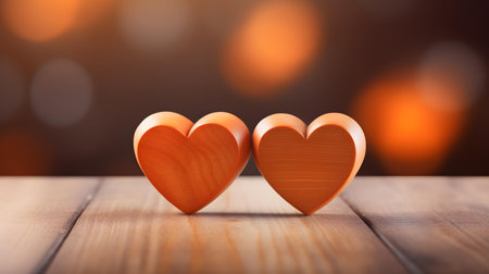 Close up of two orange hearts on a wooden table. Blurred Backgroundの素材