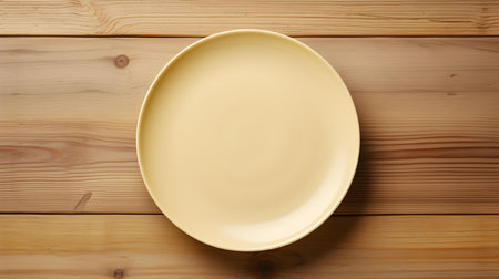 Top view of an empty plate in light yellow colors on a wooden table. Elegant template with copy spaceの素材