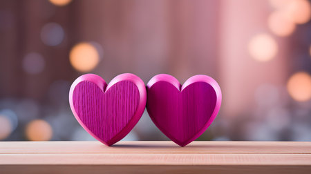 Close up of two magenta hearts on a wooden table. Blurred Backgroundの素材