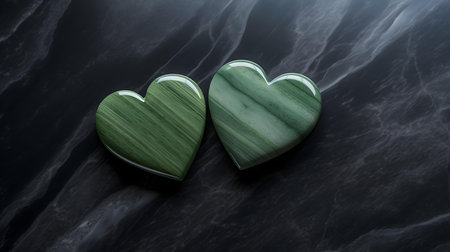 Close up of two light green hearts on a black marble background. Romantic backdrop with copy spaceの素材