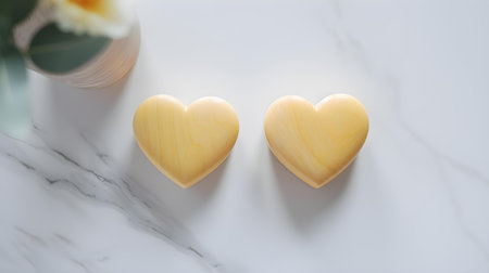 Close up of two light yellow hearts on a white marble background. Romantic backdrop with copy spaceの素材