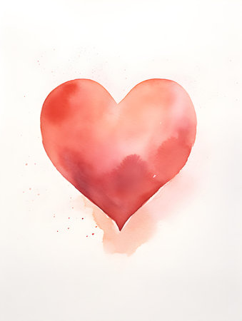 Drawing of a Heart in light red watercolors on a white background. Romantic template with copy spaceの素材