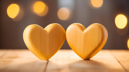Close up of two light yellow hearts on a wooden table. Blurred Backgroundの素材