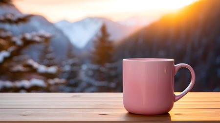 Close up of a pink mug on a wooden table in the mountains. Blurred natural backgroundの素材