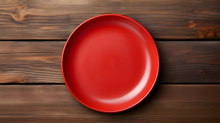 Top view of an empty plate in red colors on a wooden table. Elegant template with copy spaceの素材