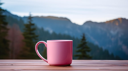 Close up of a pink mug on a wooden table in the mountains. Blurred natural backgroundの素材