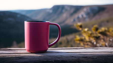 Close up of a magenta mug on a wooden table in the mountains. Blurred natural backgroundの素材