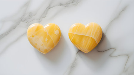 Close up of two light yellow hearts on a white marble background. Romantic backdrop with copy spaceの素材