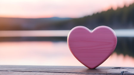 Close up of a pink wooden heart in front of a beautiful lake. Blurred natural backgroundの素材