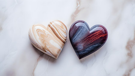 Close up of two multicolor hearts on a white marble background. Romantic backdrop with copy spaceの素材