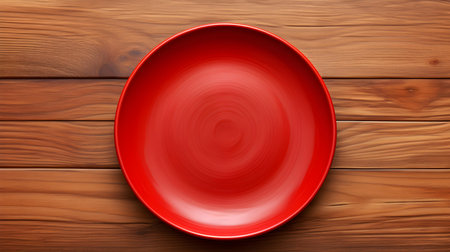 Top view of an empty plate in red colors on a wooden table. Elegant template with copy spaceの素材