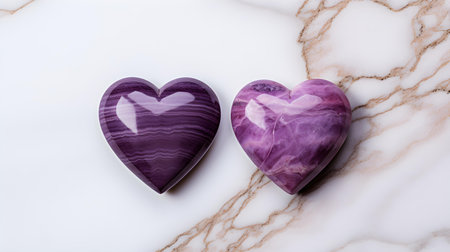 Close up of two purple hearts on a white marble background. Romantic backdrop with copy spaceの素材