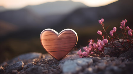 Close up of a rose gold wooden heart in the mountains. Blurred natural backgroundの素材