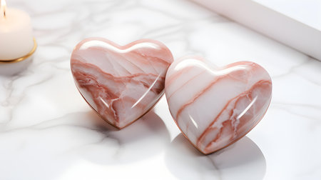 Close up of two rose gold hearts on a white marble background. Romantic backdrop with copy spaceの素材