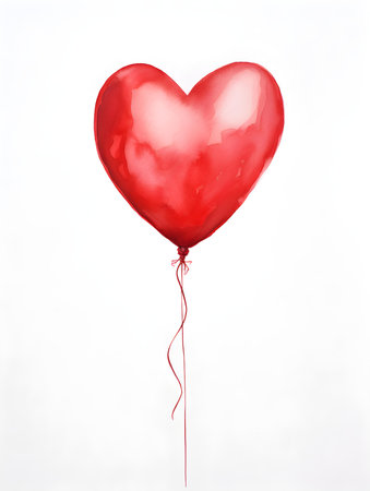 Drawing of a Heart shaped Balloon in red watercolors on a white background. Romantic template with copy spaceの素材