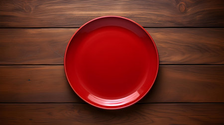 Top view of an empty plate in ruby colors on a wooden table. Elegant template with copy spaceの素材
