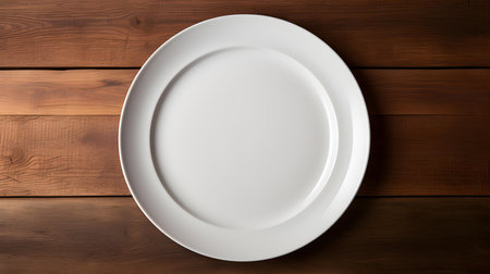 Top view of an empty plate in white colors on a wooden table. Elegant template with copy spaceの素材