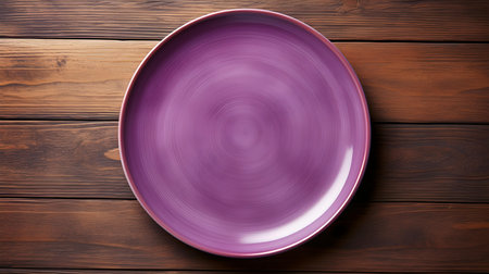 Top view of an empty plate in purple colors on a wooden table. Elegant template with copy spaceの素材