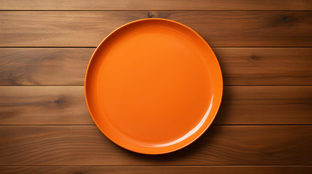 Top view of an empty plate in orange colors on a wooden table. Elegant template with copy spaceの素材
