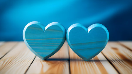 Close up of two sky blue hearts on a wooden table. Blurred Backgroundの素材